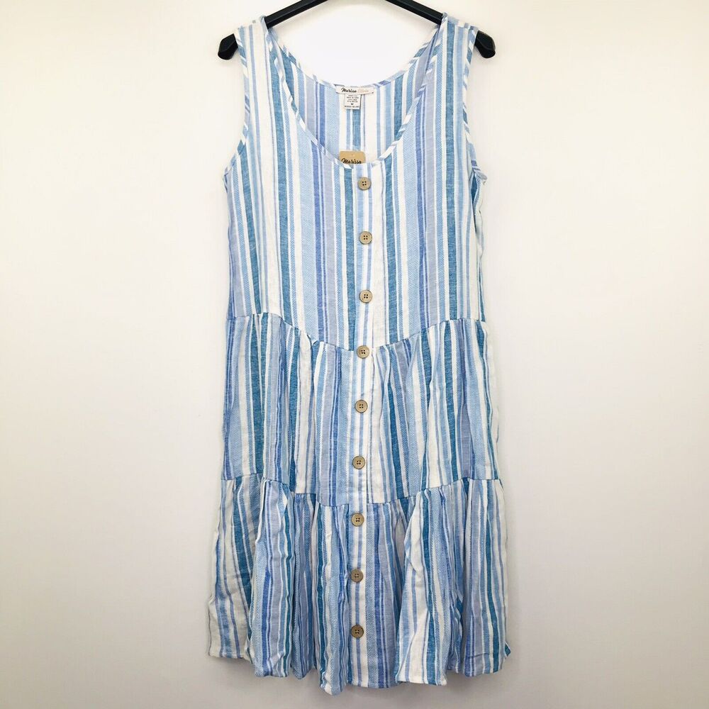 Marissa Olivia Women M Dress Babydoll Faux Button Up Stripes Blue NWT Flaw CL7